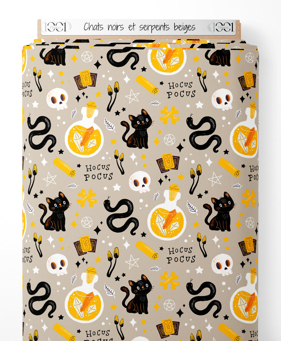 Tissu - Chats noirs et serpents beiges