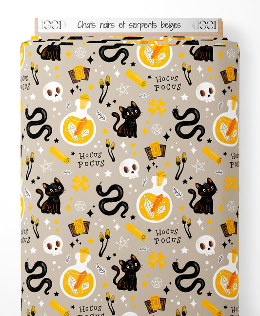 Tissu - Chats noirs et serpents beiges