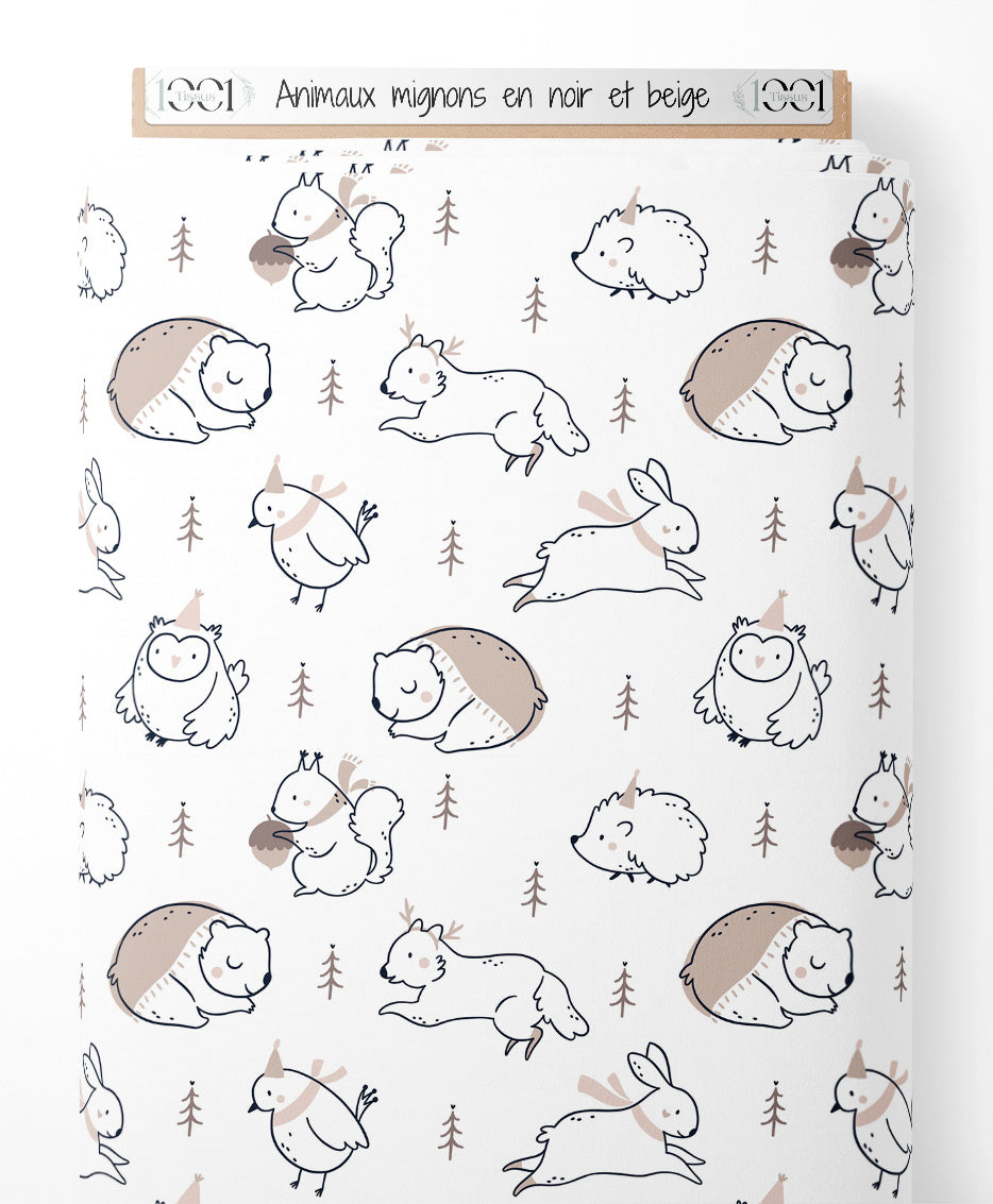 Tissu - Animaux mignons en noir et beige