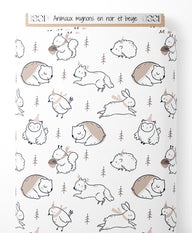 Tissu - Animaux mignons en noir et beige