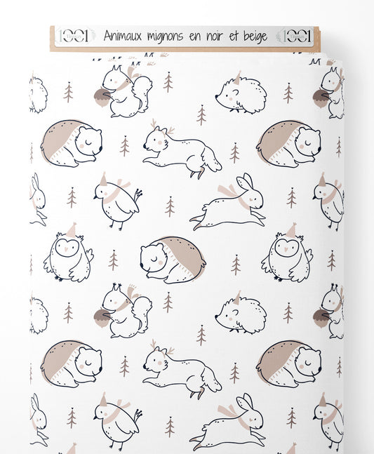 Tissu - Animaux mignons en noir et beige