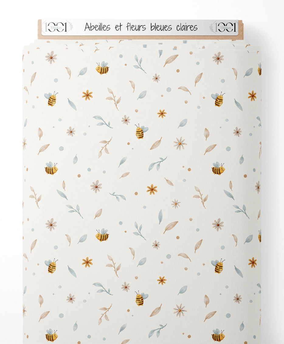 Tissu - Abeilles et fleurs bleues claires