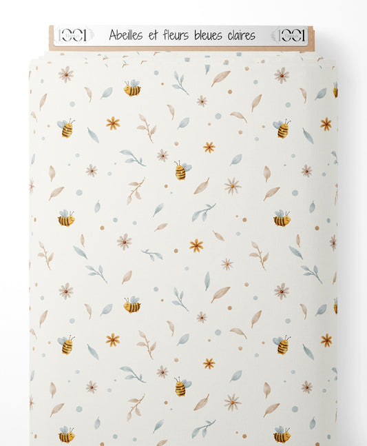 Tissu - Abeilles et fleurs bleues claires