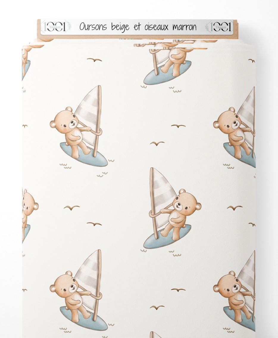 Tissu - Oursons beige et oiseaux marron
