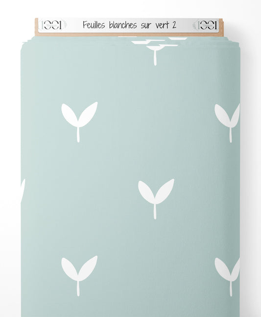 Tissu - Feuilles blanches sur vert 2