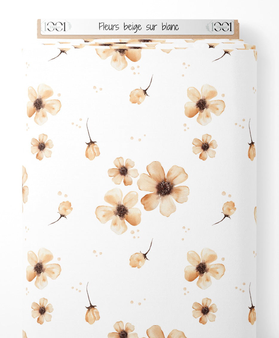 Tissu - Fleurs beige sur blanc
