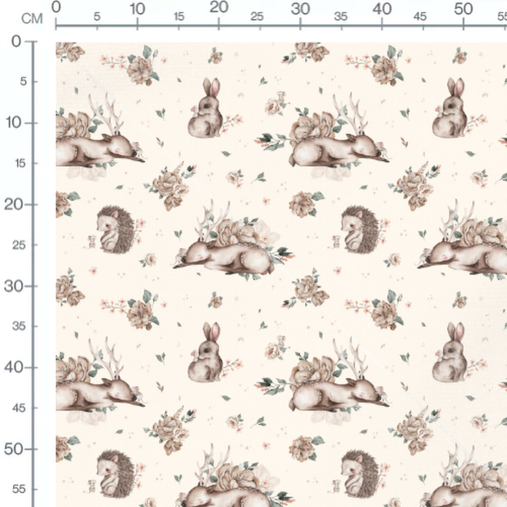 Tissu - Cerfs bruns et fleurs roses