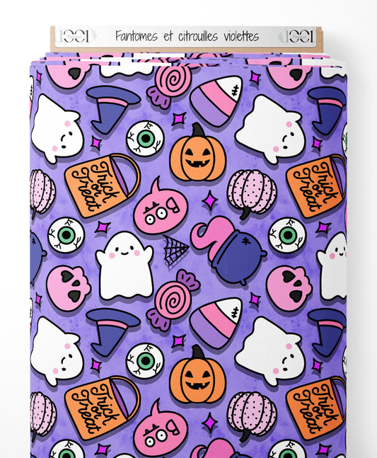 Tissu - Fantômes et citrouilles violettes