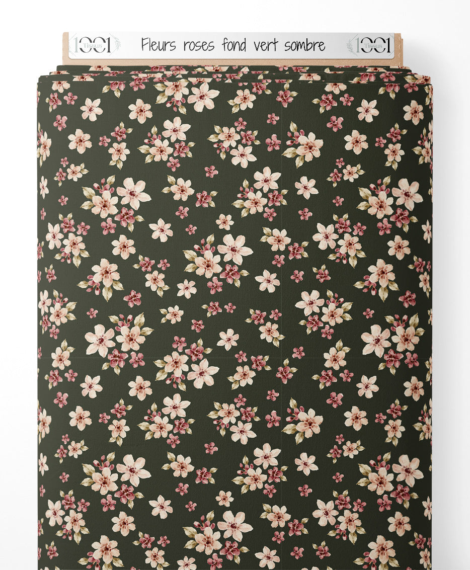 Tissu - Fleurs roses sur fond vert sombre