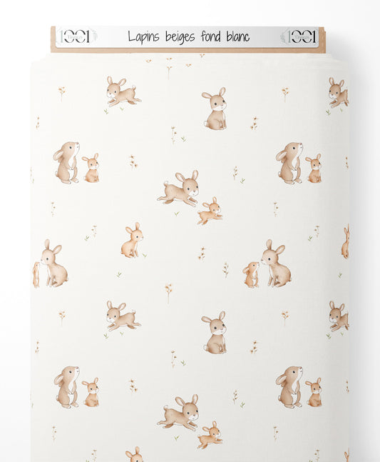 Tissu - Lapins beiges sur fond blanc
