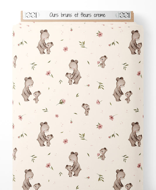 Tissu - Ours bruns et fleurs crème