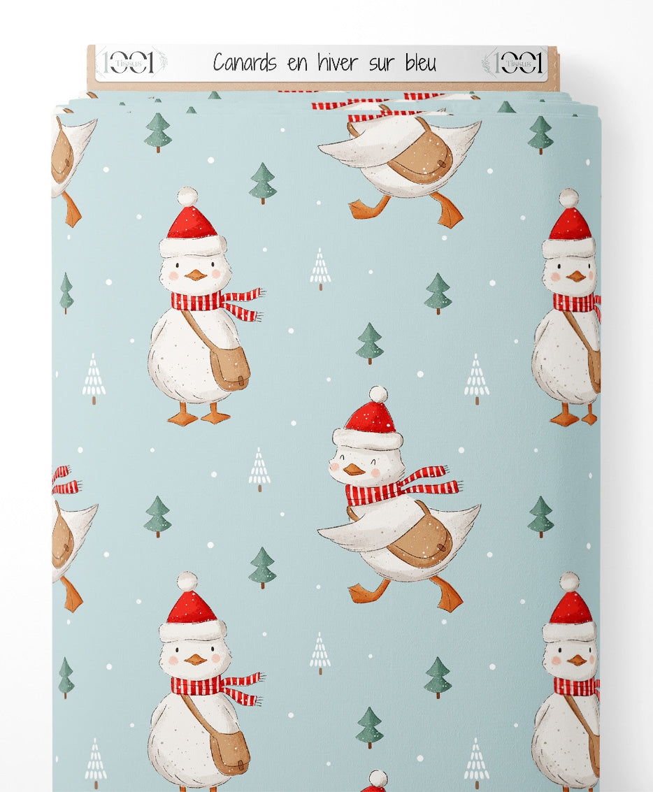 Tissu - Canards en hiver sur bleu