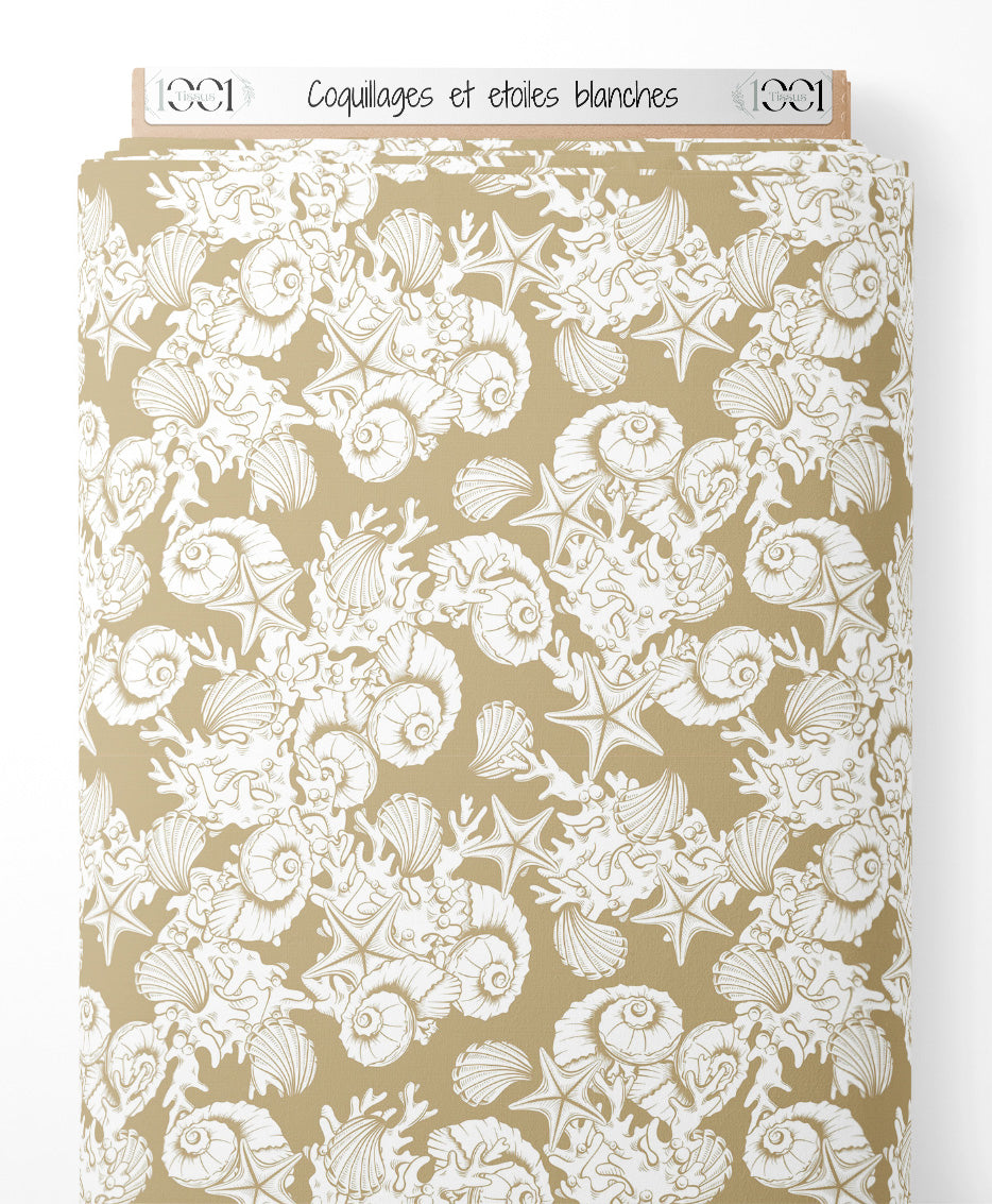 Tissu - Coquillages et étoiles blanches