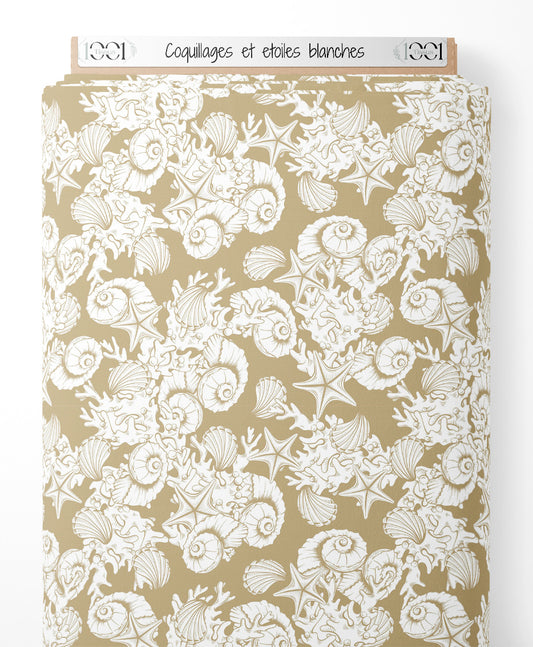 Tissu - Coquillages et étoiles blanches
