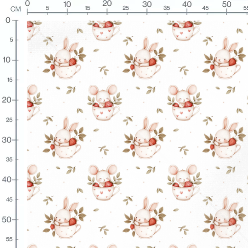 Tissu - Lapins et fraises dans tasses
