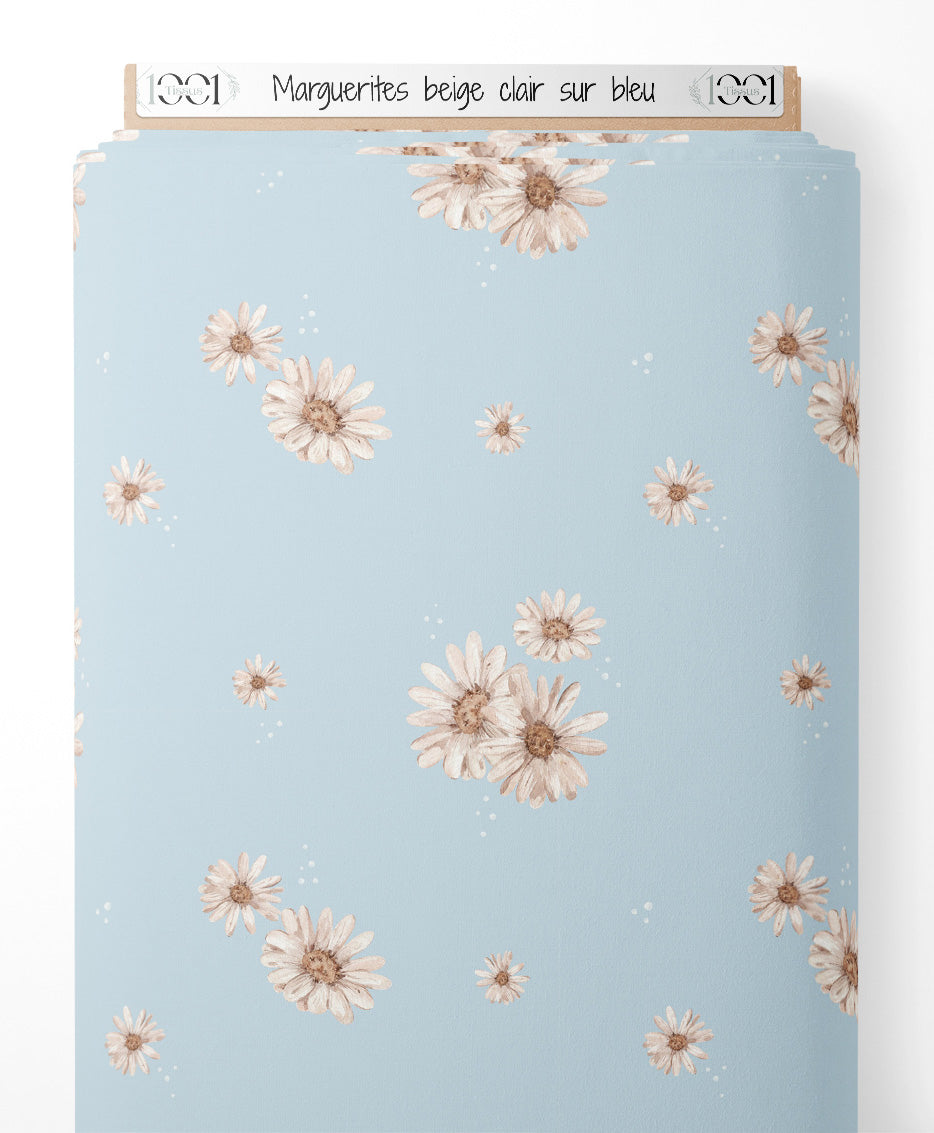 Tissu - Marguerites beige clair sur bleu