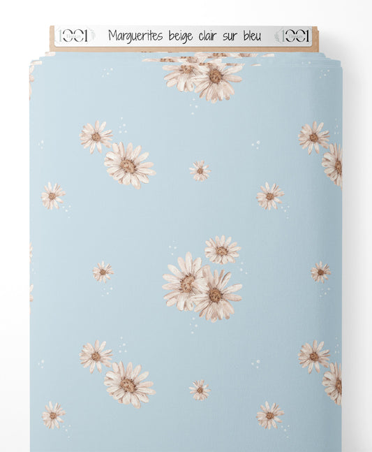 Tissu - Marguerites beige clair sur bleu
