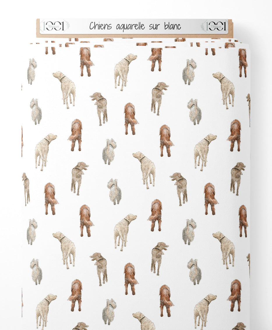 Tissu - Chiens aquarelle sur blanc
