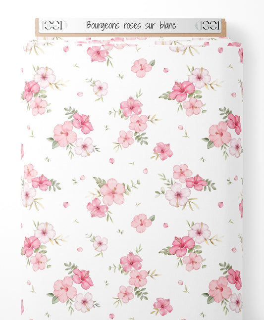 Tissu - Bourgeons roses sur blanc