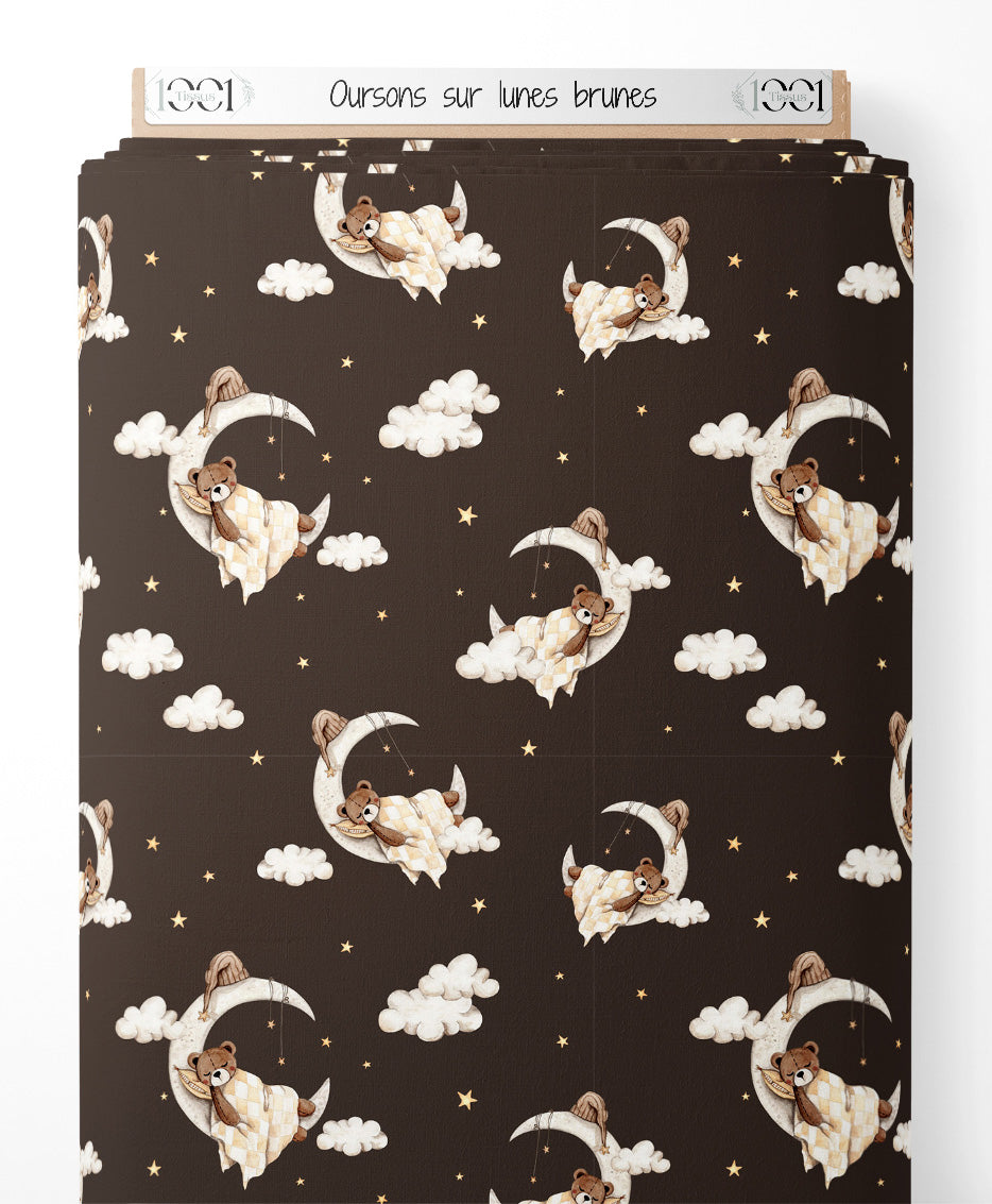 Tissu - Oursons sur lunes brunes