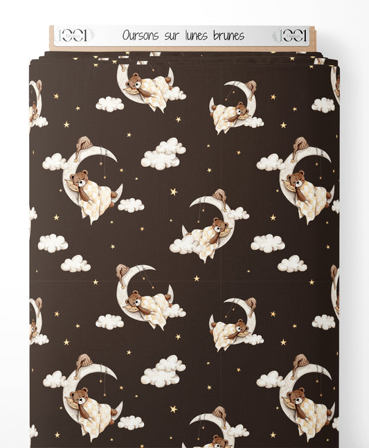 Tissu - Oursons sur lunes brunes