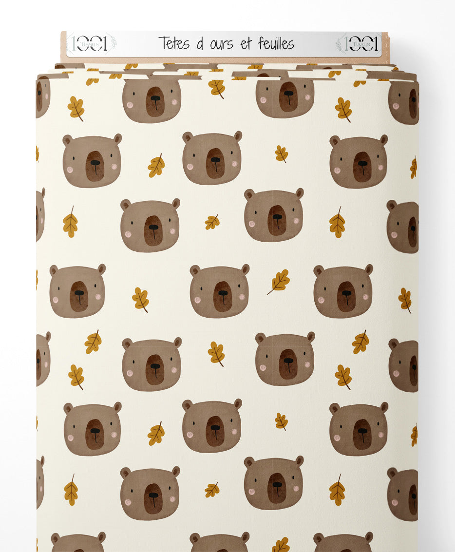 Tissu - Têtes d'ours et feuilles