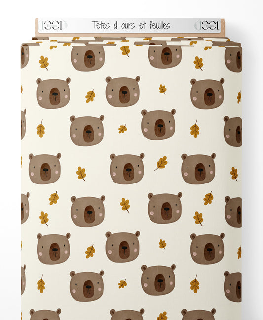 Tissu - Têtes d'ours et feuilles