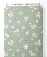 Tissu - Fleurs blanches et beige sur vert