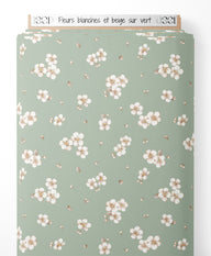 Tissu - Fleurs blanches et beige sur vert