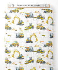 Tissu - Engins jaunes et gris quadrillés