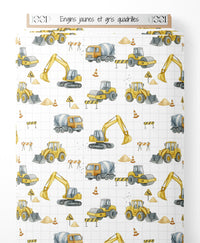 Tissu - Engins jaunes et gris quadrillés