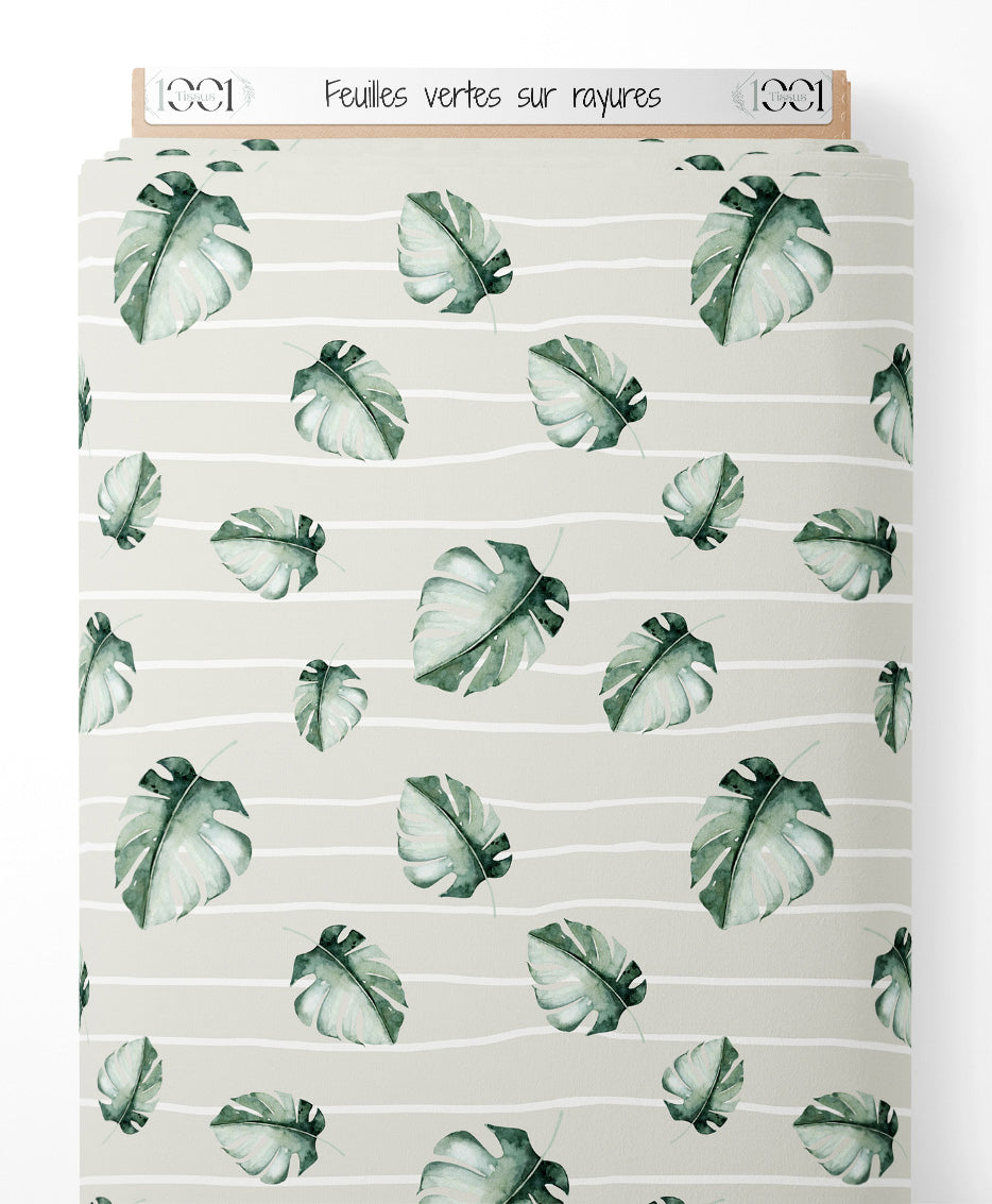 Tissu - Feuilles vertes sur rayures