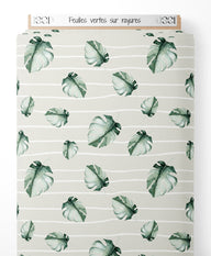 Tissu - Feuilles vertes sur rayures