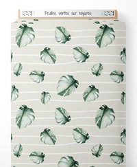 Tissu - Feuilles vertes sur rayures