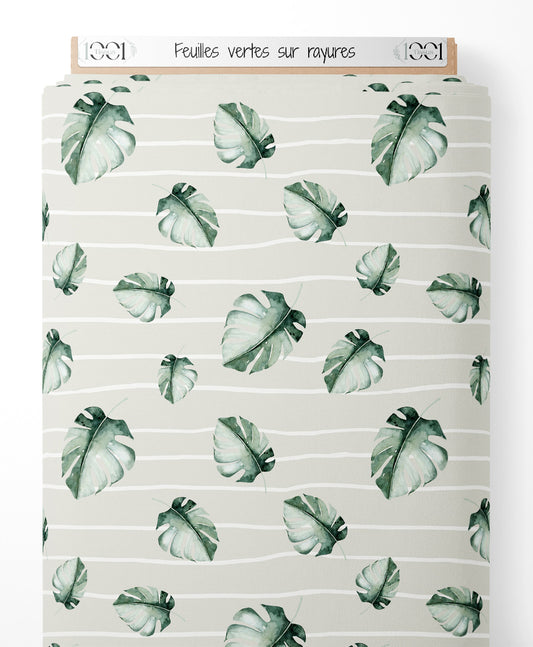 Tissu - Feuilles vertes sur rayures