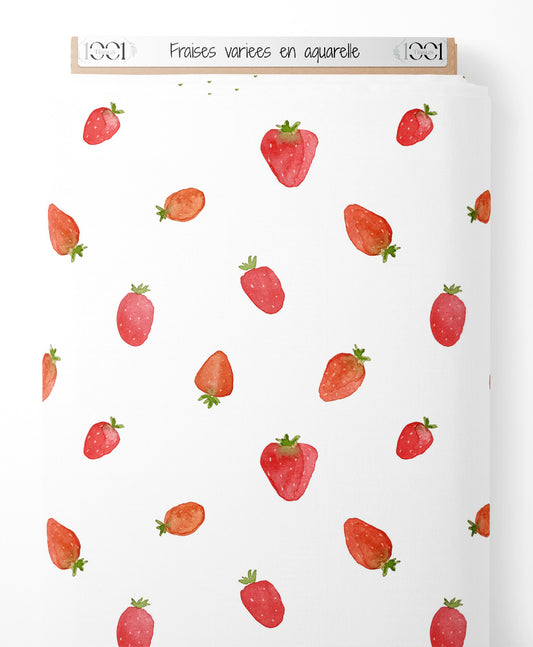 Tissu - Fraises variées en aquarelle