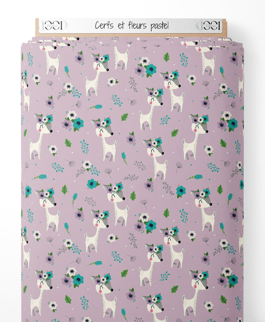 Tissu - Cerfs et fleurs pastel