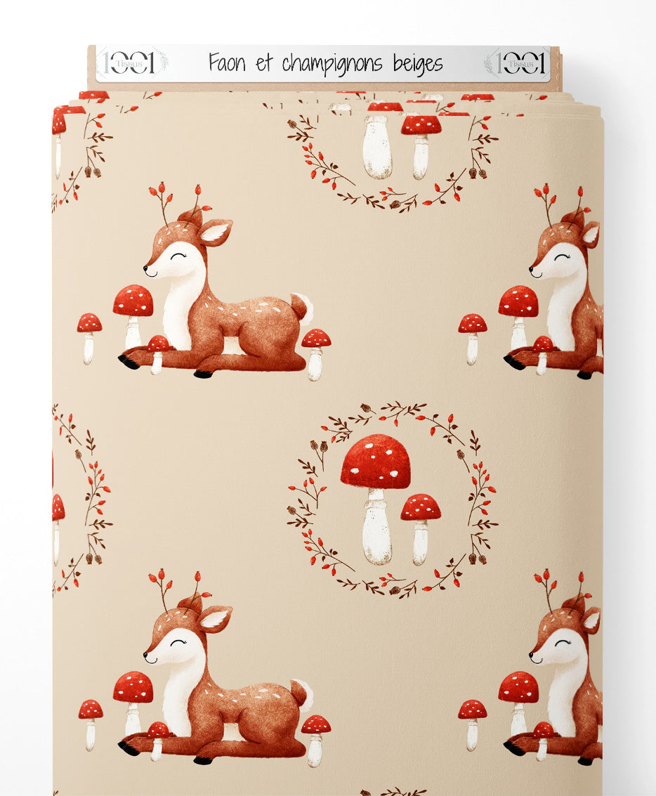 Tissu - Faon et champignons beiges