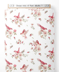 Tissu - Oiseaux roses et fleurs délicates 3