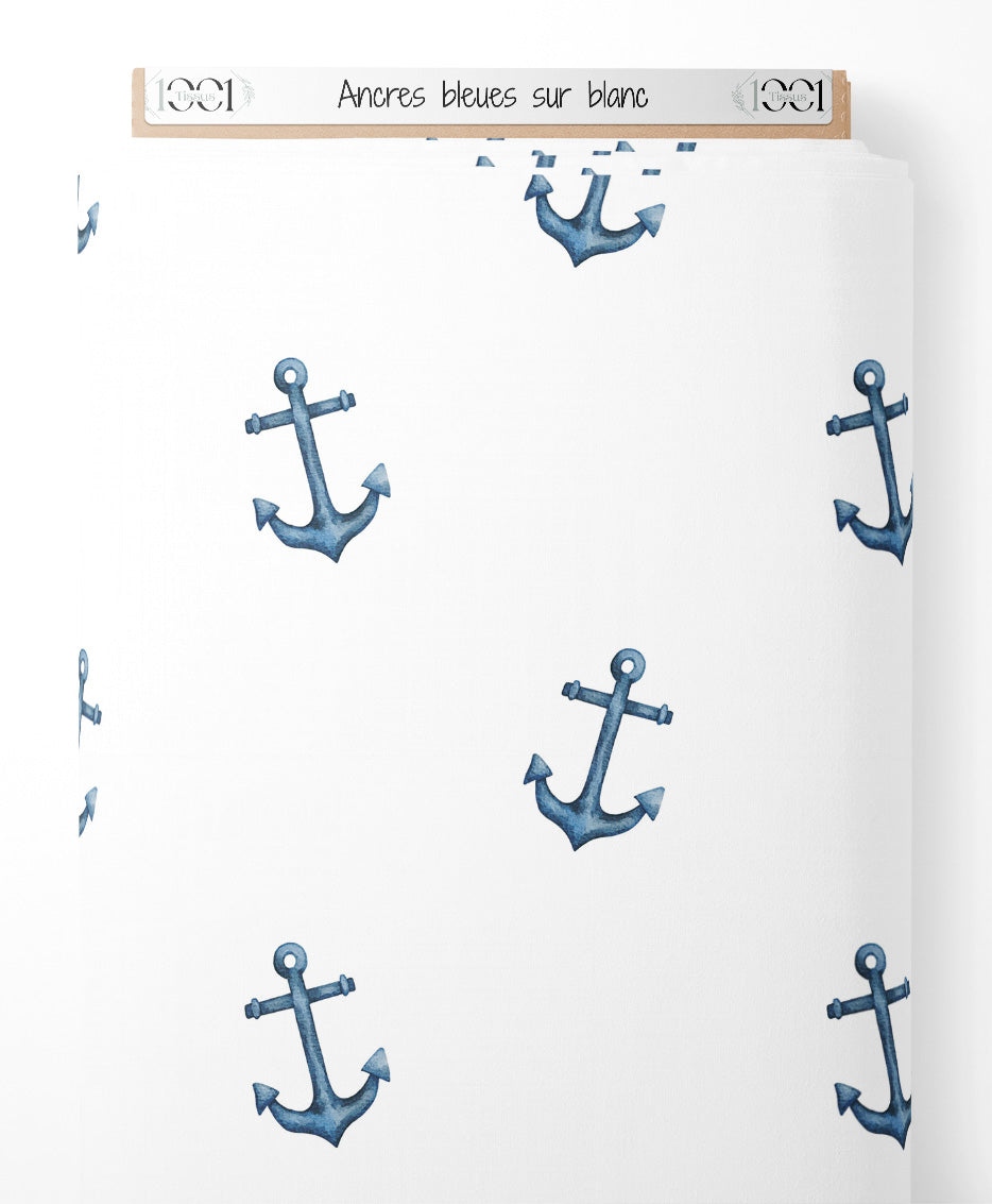 Tissu - Ancres bleues sur blanc