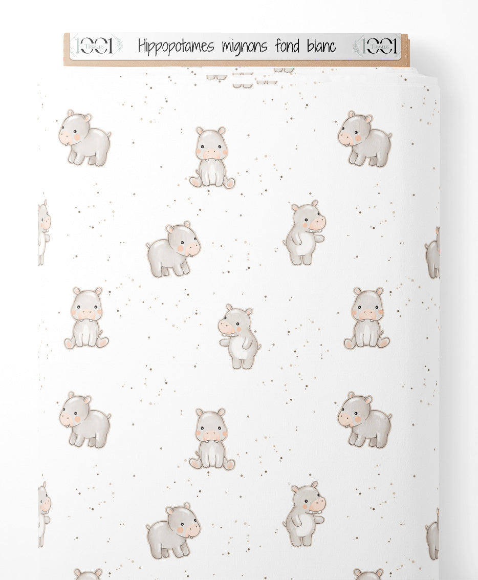 Tissu - Hippopotames mignons fond blanc