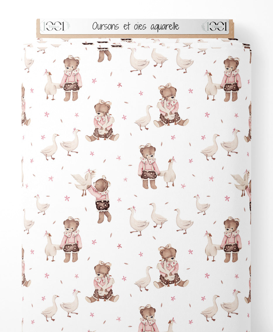 Tissu - Oursons et oies aquarelle