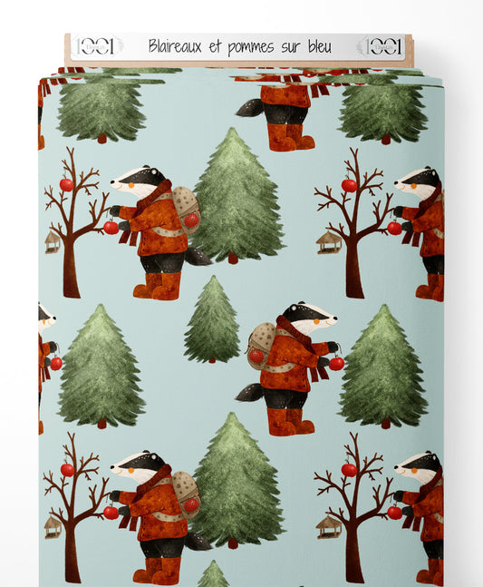 Tissu - Blaireaux et pommes sur bleu