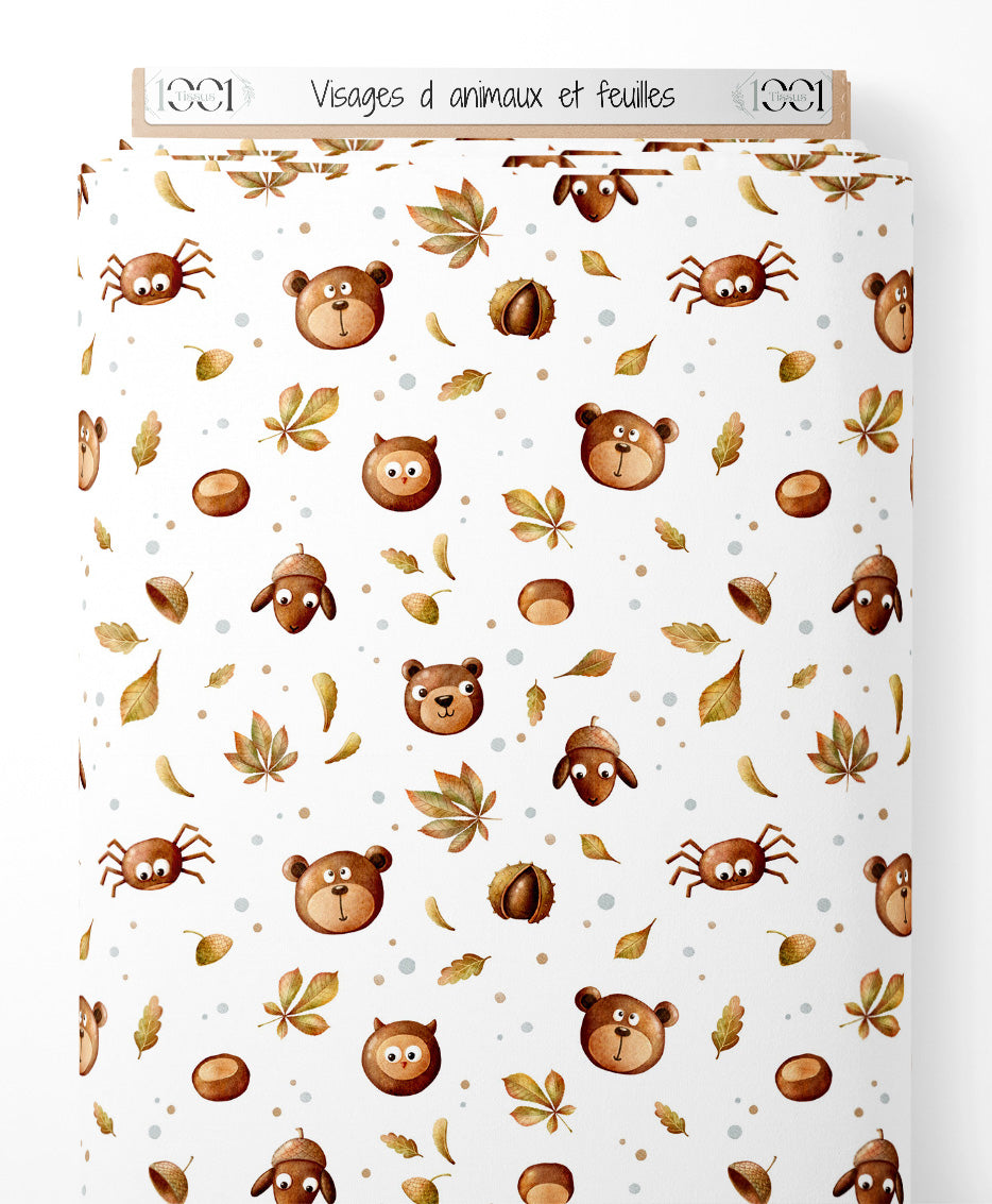 Tissu - Visages d'animaux et feuilles
