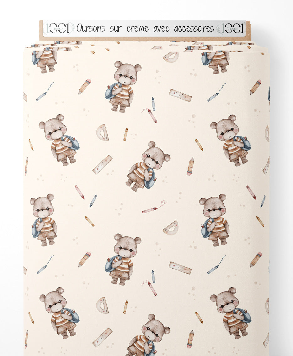 Tissu - Oursons sur crème avec accessoires