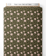 Tissu - Fleurs roses sur fond vert foncé