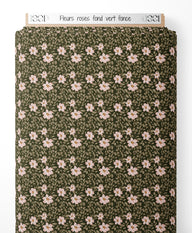 Tissu - Fleurs roses sur fond vert foncé