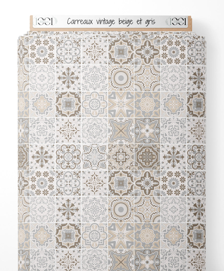 Tissu - Carreaux vintage beige et gris