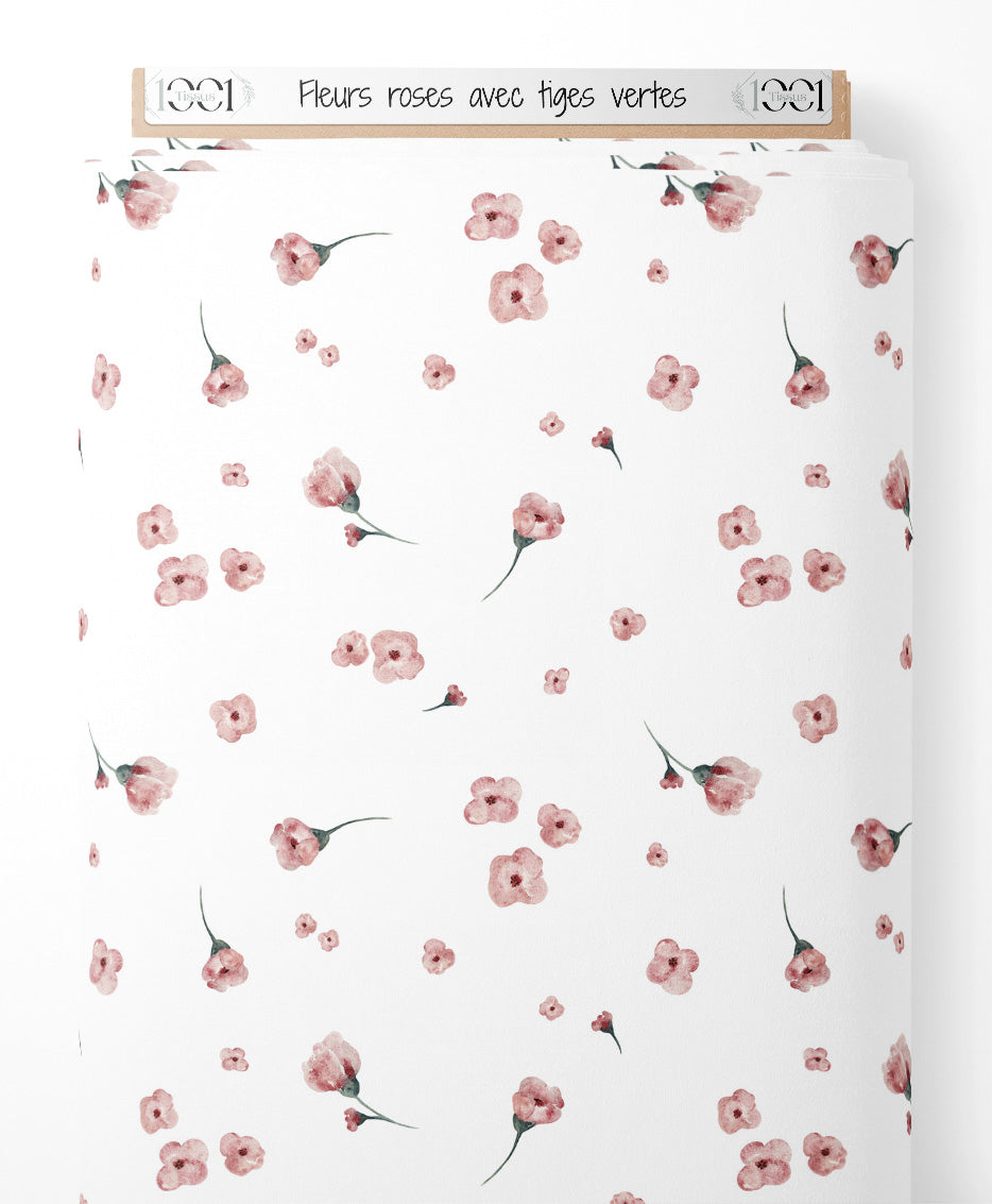 Tissu - Fleurs roses avec tiges vertes
