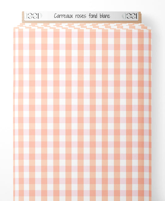 Tissu - Carreaux roses sur fond blanc